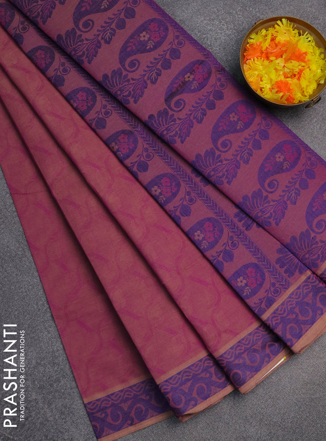 Coimbatore cotton saree dual shade of purple and blue with allover self emboss and thread woven border