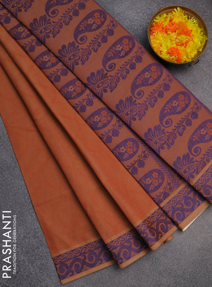 Coimbatore cotton saree rust shade and blue with allover self emboss and thread woven border