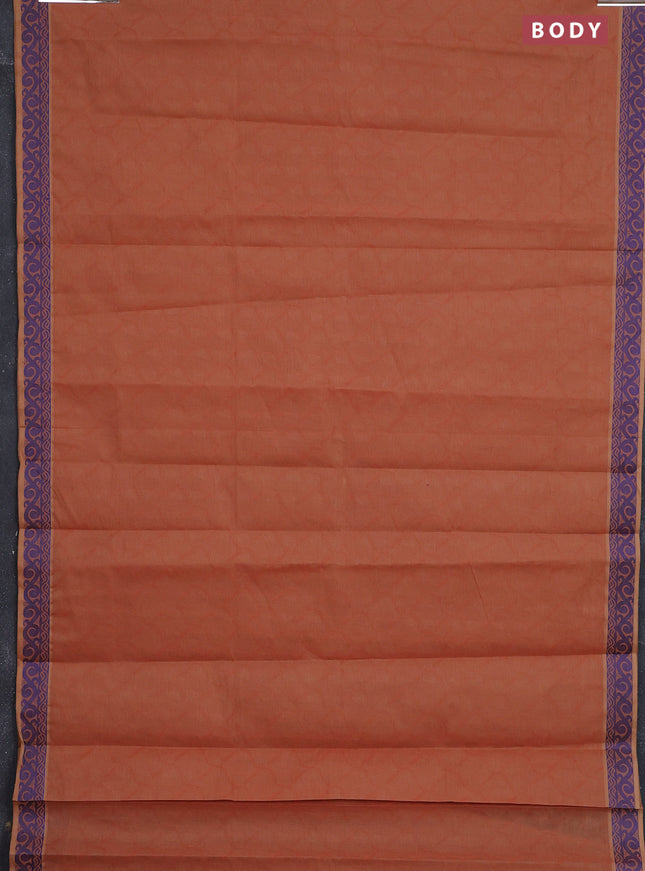 Coimbatore cotton saree rust shade and blue with allover self emboss and thread woven border