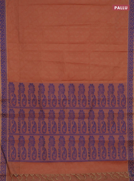 Coimbatore cotton saree rust shade and blue with allover self emboss and thread woven border