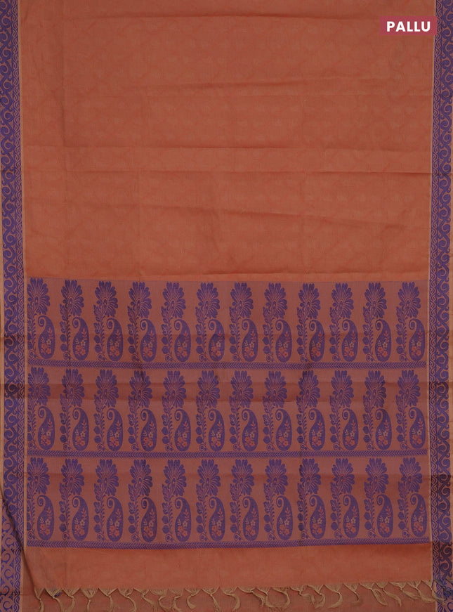 Coimbatore cotton saree rust shade and blue with allover self emboss and thread woven border