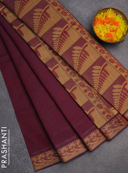Coimbatore cotton saree dark magenta pink with allover self emboss and thread woven border