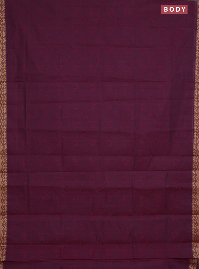 Coimbatore cotton saree dark magenta pink with allover self emboss and thread woven border