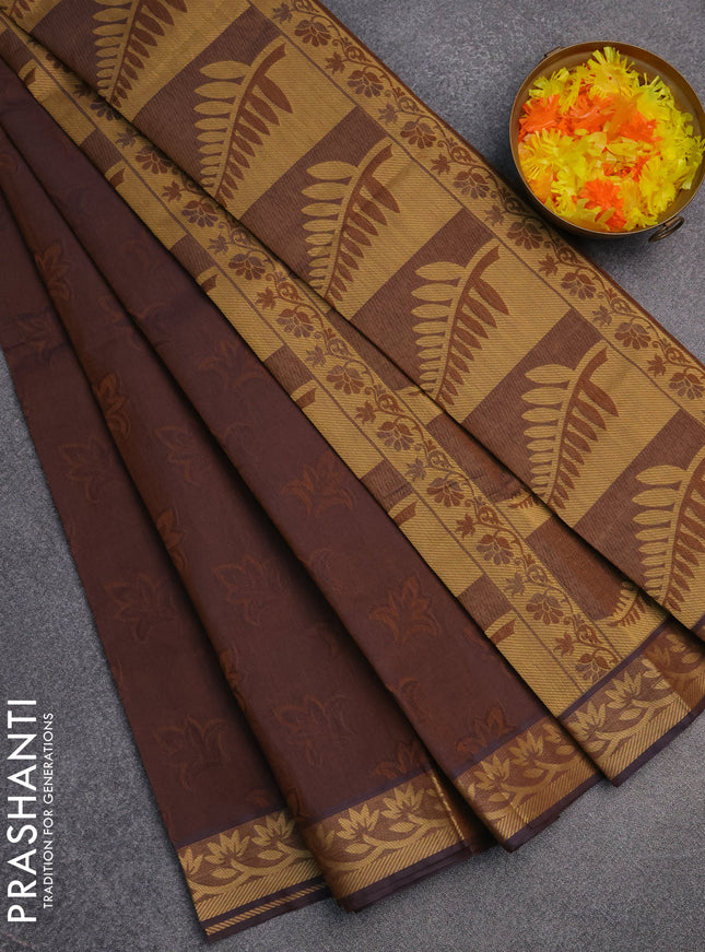 Coimbatore cotton saree dual shade of brown with allover self emboss and thread woven border