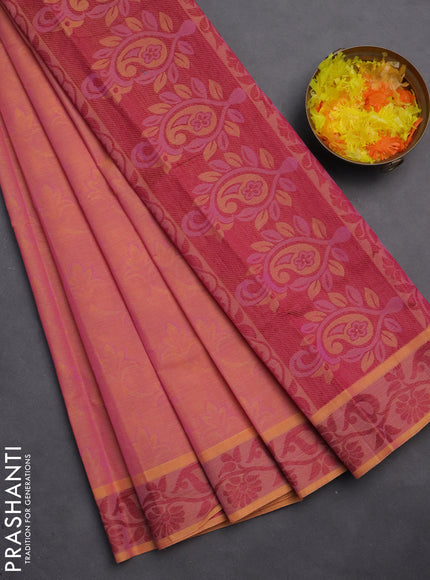 Coimbatore cotton saree dual shade of yellowish pink and pink with allover self emboss and thread woven border