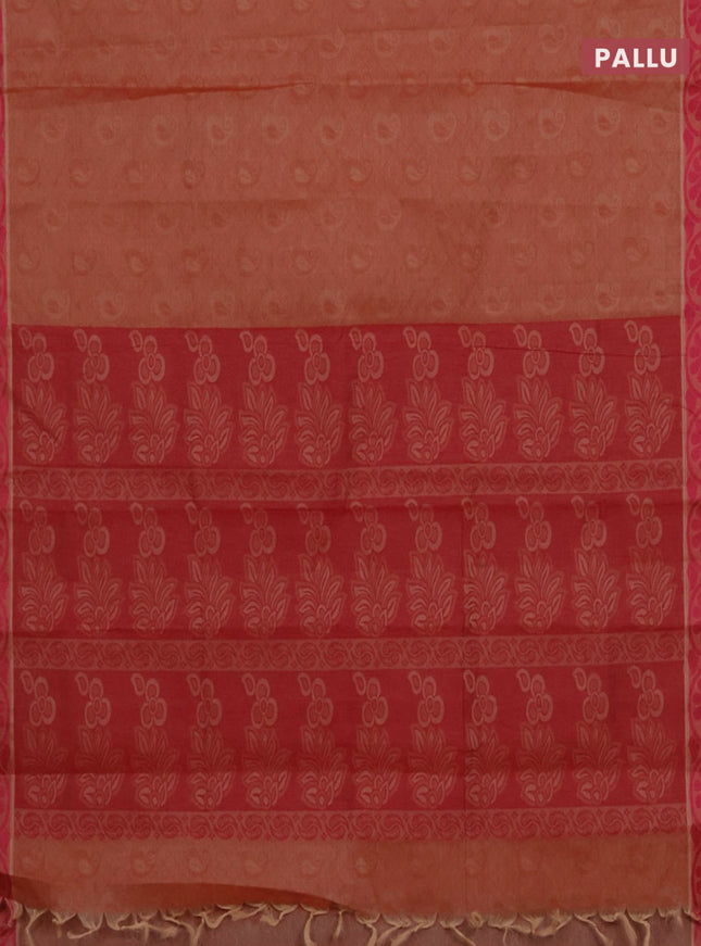 Coimbatore cotton saree dual shade of yellowish pink and pink with allover self emboss and thread woven border