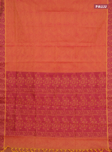 Coimbatore cotton saree dual shade of orange and pink with allover self emboss and thread woven border