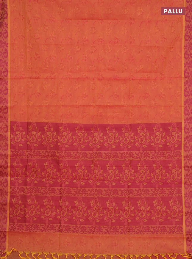 Coimbatore cotton saree dual shade of orange and pink with allover self emboss and thread woven border