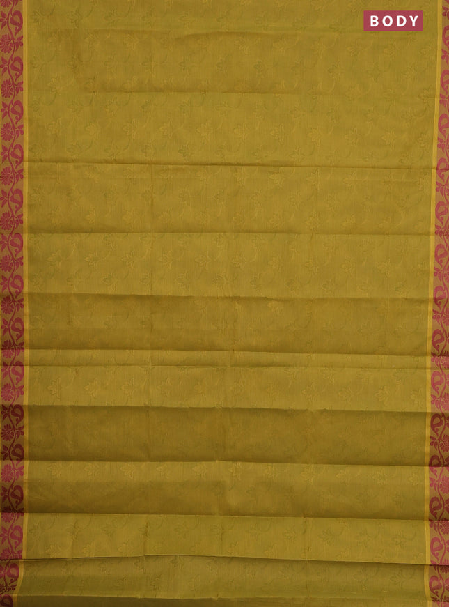 Coimbatore cotton saree mustard green and pink with allover self emboss and thread woven border
