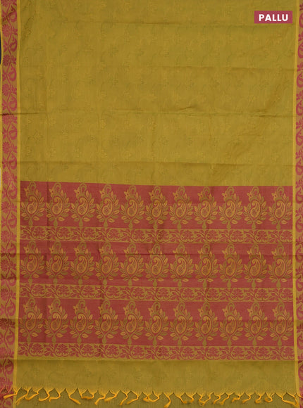 Coimbatore cotton saree mustard green and pink with allover self emboss and thread woven border