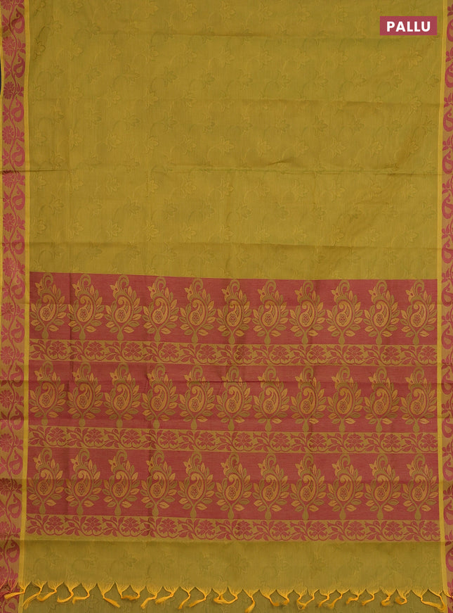 Coimbatore cotton saree mustard green and pink with allover self emboss and thread woven border