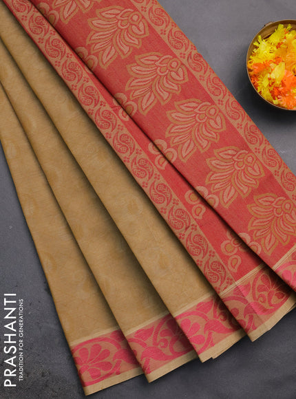 Coimbatore cotton saree sandal and pink with allover self emboss and thread woven border