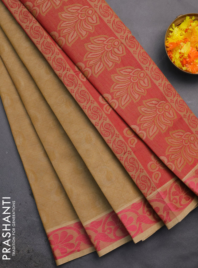 Coimbatore cotton saree sandal and pink with allover self emboss and thread woven border