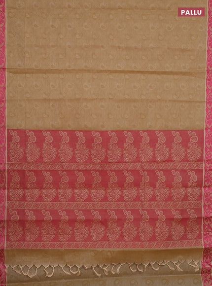 Coimbatore cotton saree sandal and pink with allover self emboss and thread woven border