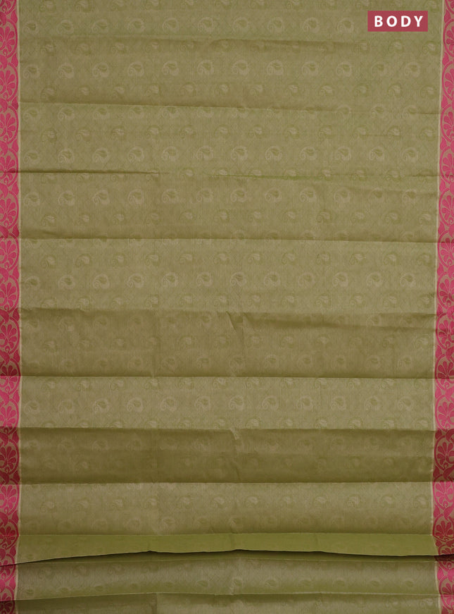 Coimbatore cotton saree light green and pink with allover self emboss and thread woven border