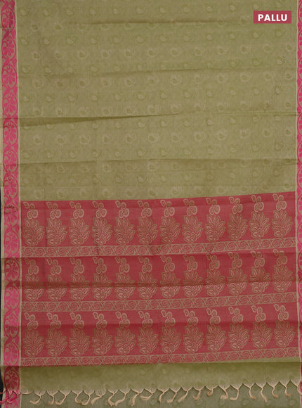 Coimbatore cotton saree light green and pink with allover self emboss and thread woven border