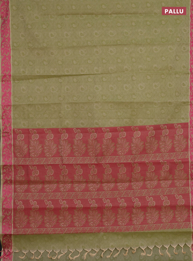 Coimbatore cotton saree light green and pink with allover self emboss and thread woven border