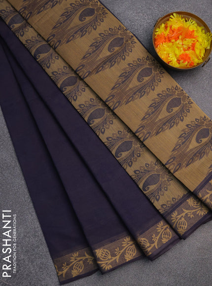 Coimbatore cotton saree deep jamun shade and sandal with allover self emboss and thread woven border