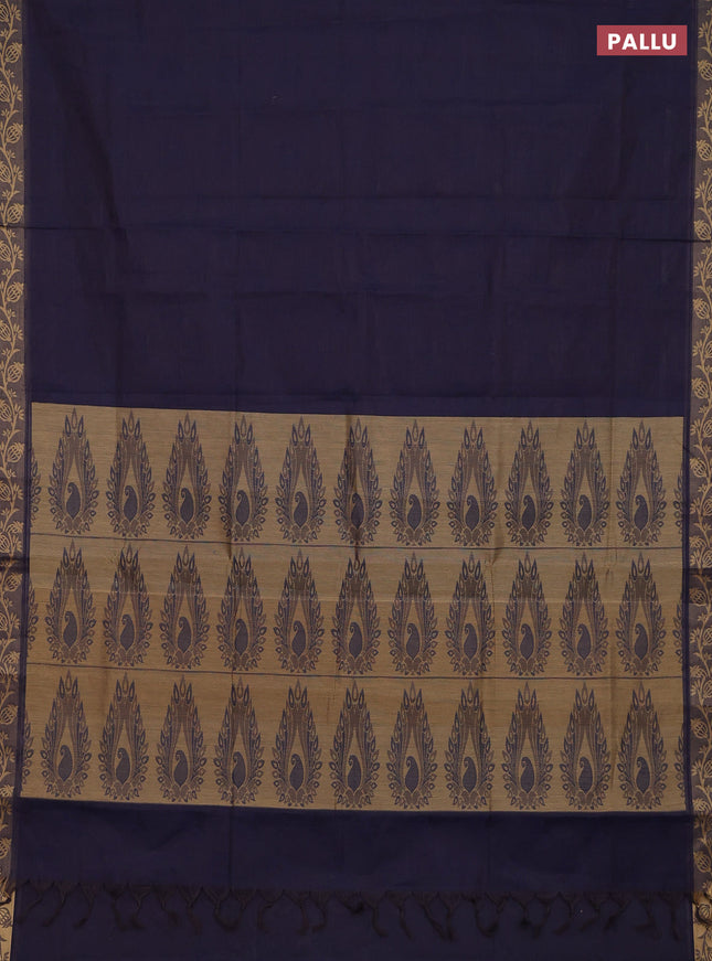 Coimbatore cotton saree deep jamun shade and sandal with allover self emboss and thread woven border