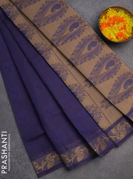 Coimbatore cotton saree dark blue and sandal with allover self emboss and thread woven border