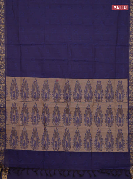 Coimbatore cotton saree dark blue and sandal with allover self emboss and thread woven border