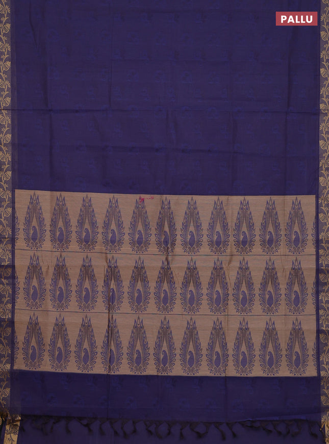 Coimbatore cotton saree dark blue and sandal with allover self emboss and thread woven border
