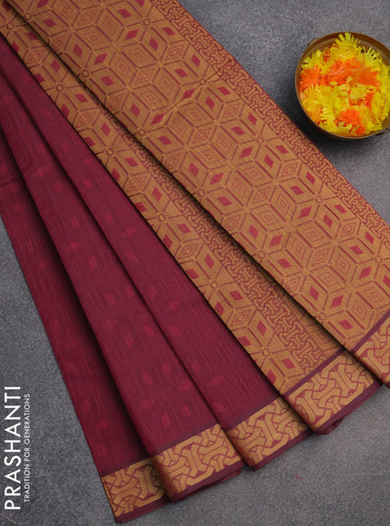 Coimbatore cotton saree magente pink and sandal with allover self emboss and thread woven border