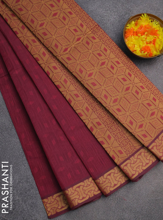 Coimbatore cotton saree magente pink and sandal with allover self emboss and thread woven border