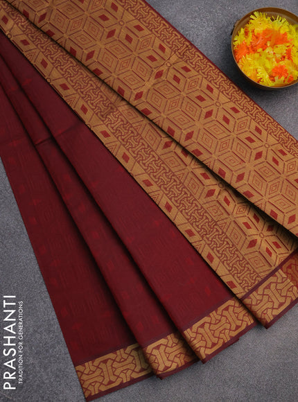 Coimbatore cotton saree maroon and sandal with allover self emboss and thread woven border