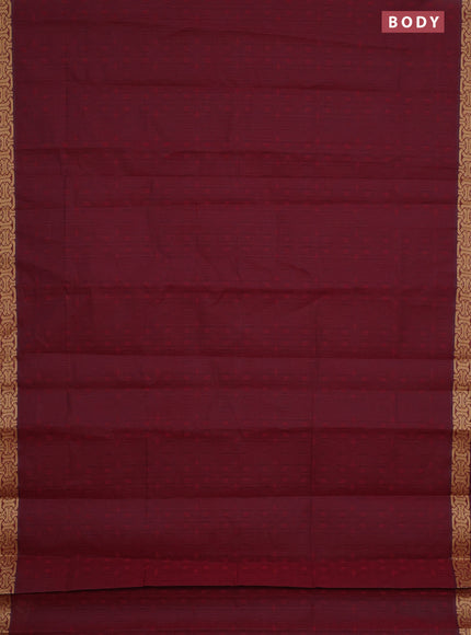 Coimbatore cotton saree maroon and sandal with allover self emboss and thread woven border