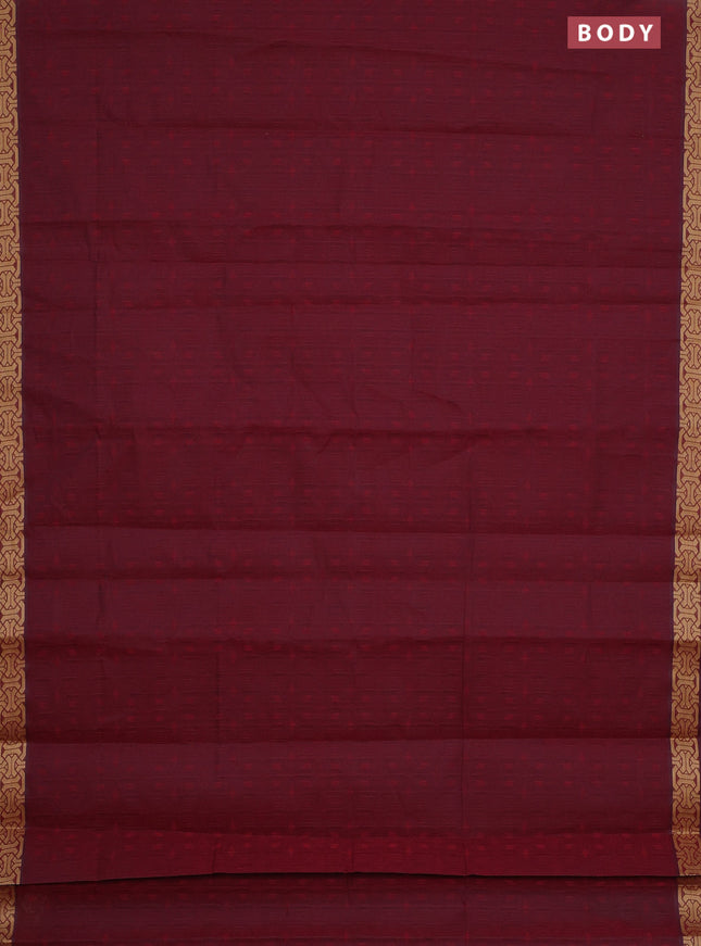 Coimbatore cotton saree maroon and sandal with allover self emboss and thread woven border