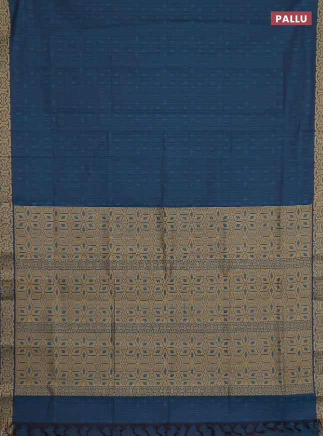 Coimbatore cotton saree peacock blue and sandal with allover self emboss and thread woven border
