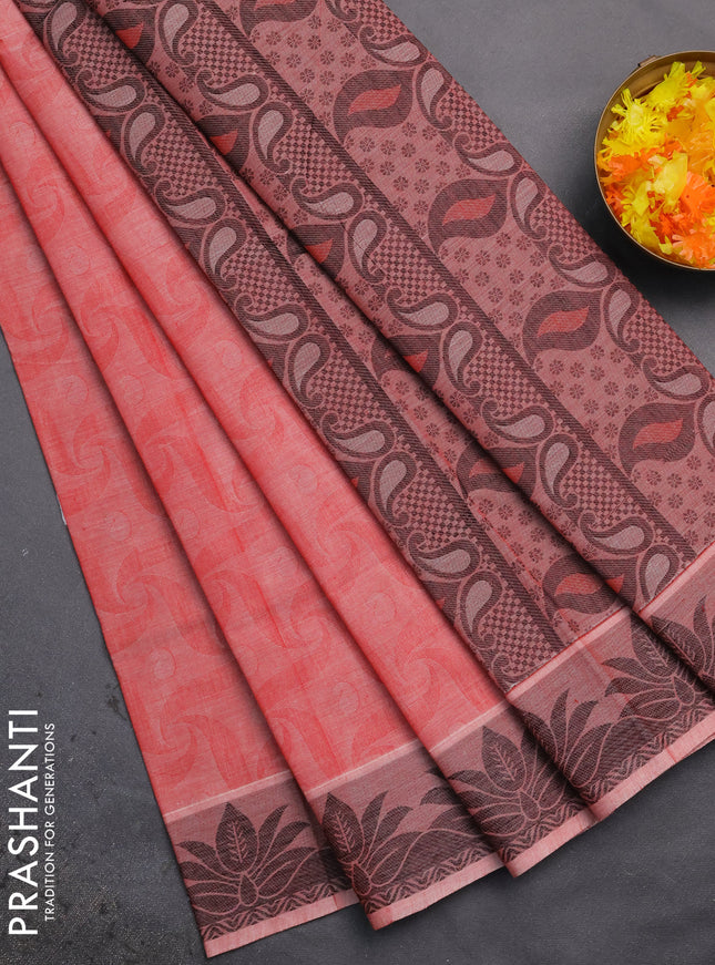 Coimbatore cotton saree red shade and black with allover self emboss and thread woven border