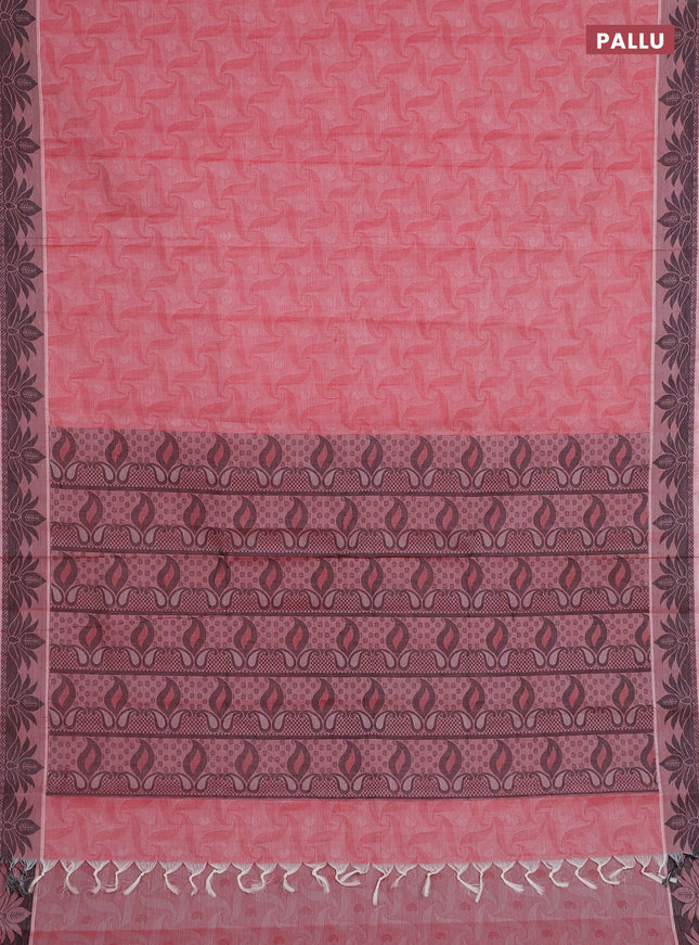 Coimbatore cotton saree red shade and black with allover self emboss and thread woven border