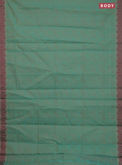 Coimbatore cotton saree dual shade of teal bluish sandal and maroon with allover self emboss and thread woven border