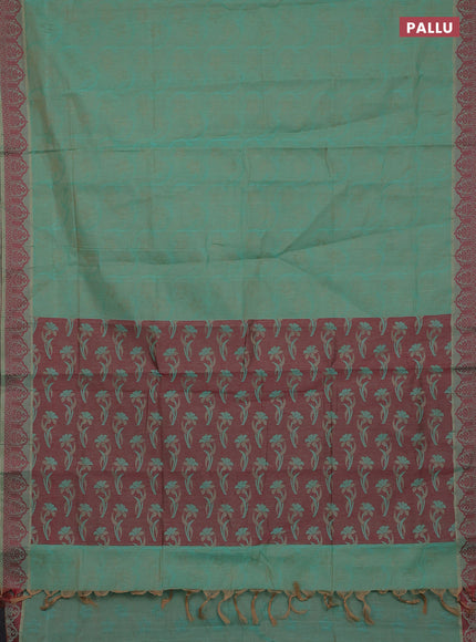 Coimbatore cotton saree dual shade of teal bluish sandal and maroon with allover self emboss and thread woven border