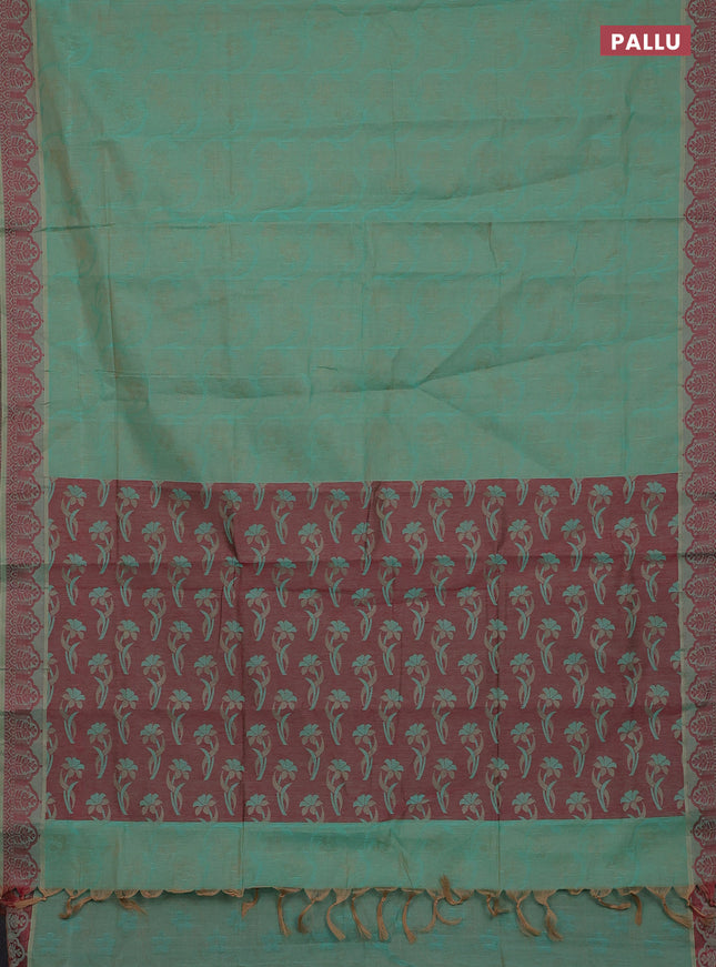 Coimbatore cotton saree dual shade of teal bluish sandal and maroon with allover self emboss and thread woven border