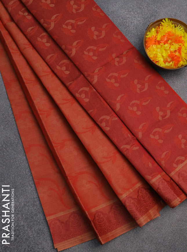Coimbatore cotton saree rustic orange and maroon with allover self emboss and thread woven border
