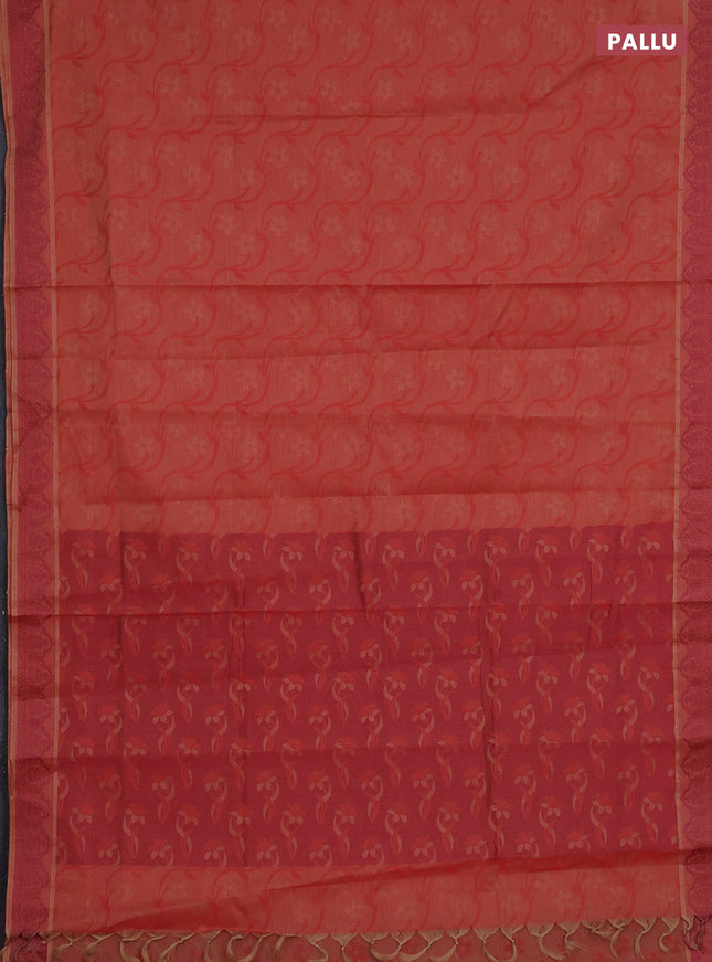 Coimbatore cotton saree rustic orange and maroon with allover self emboss and thread woven border