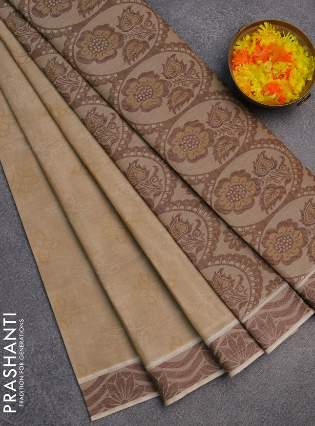 Coimbatore cotton saree sandal and coffee brown with allover self emboss and thread woven border