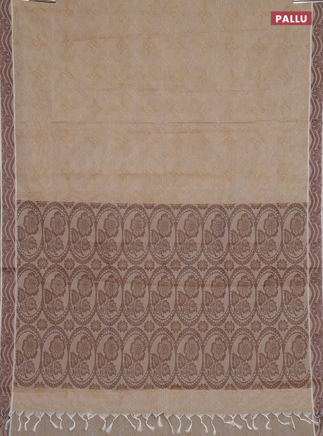 Coimbatore cotton saree sandal and coffee brown with allover self emboss and thread woven border