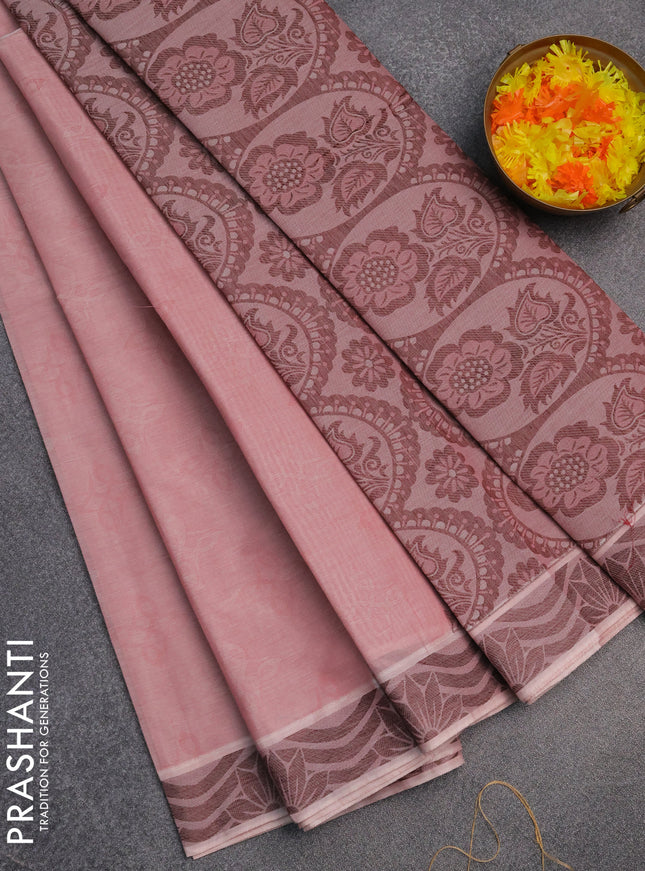 Coimbatore cotton saree peach pink and coffee brown with allover self emboss and thread woven border
