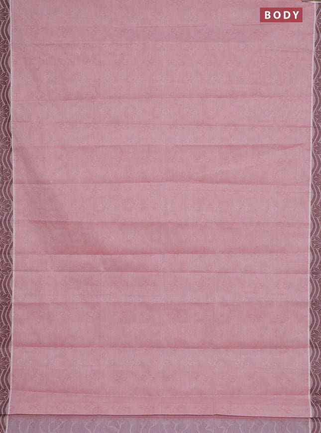 Coimbatore cotton saree peach pink and coffee brown with allover self emboss and thread woven border