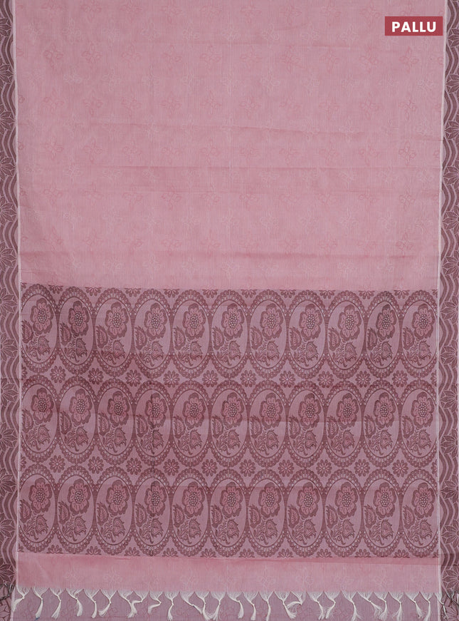 Coimbatore cotton saree peach pink and coffee brown with allover self emboss and thread woven border