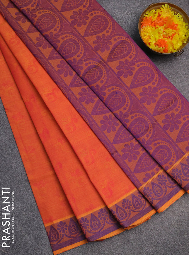 Coimbatore cotton saree dual shade of pinkish orange and blue with allover self emboss and thread woven border