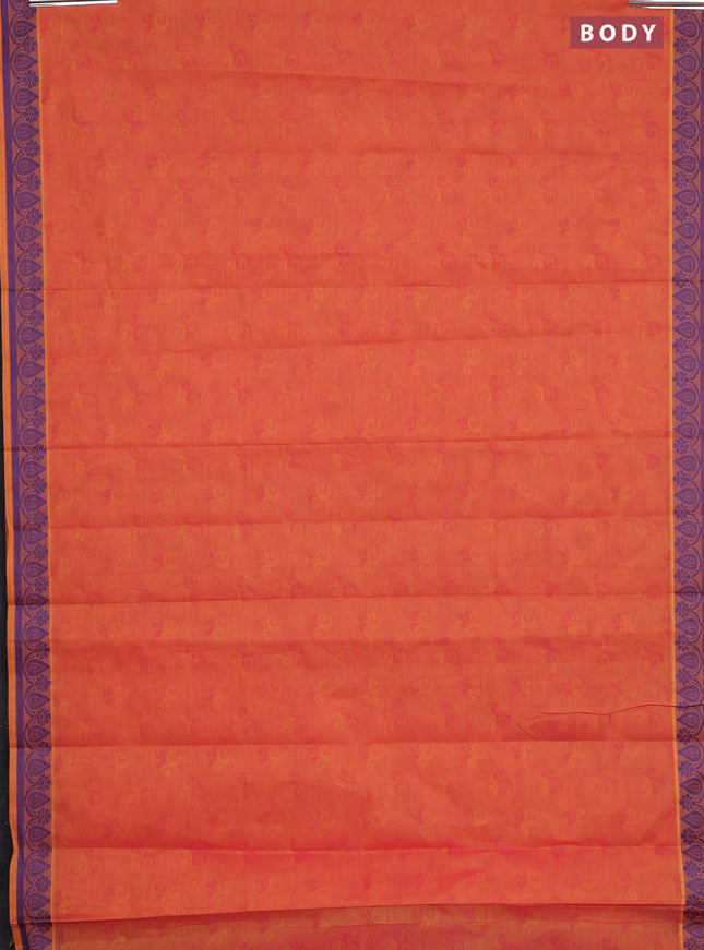 Coimbatore cotton saree dual shade of pinkish orange and blue with allover self emboss and thread woven border