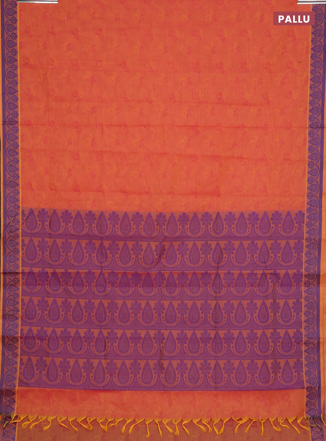Coimbatore cotton saree dual shade of pinkish orange and blue with allover self emboss and thread woven border