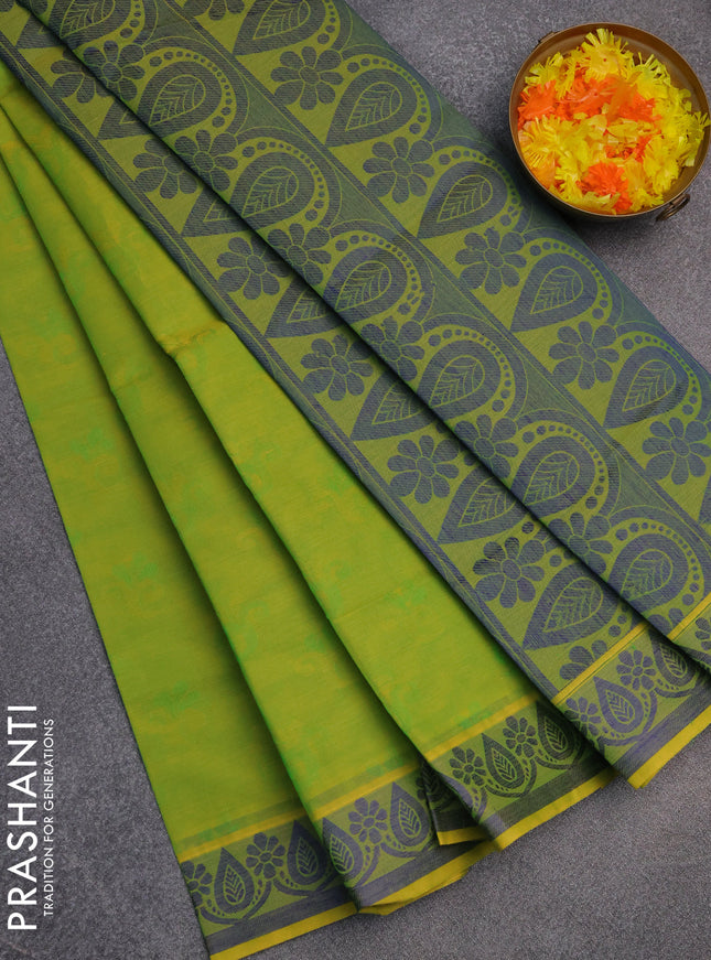 Coimbatore cotton saree light green and blue with allover self emboss and thread woven border