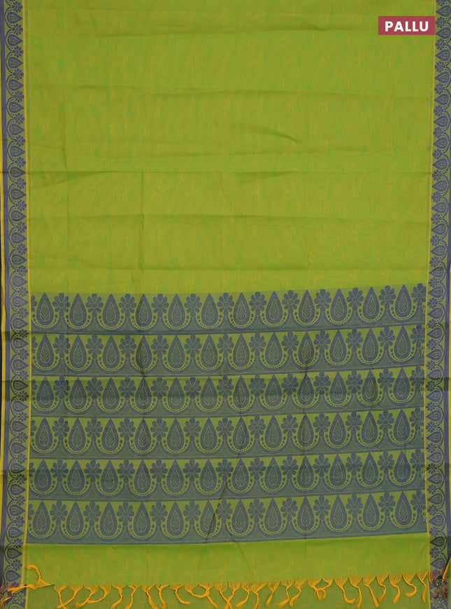 Coimbatore cotton saree light green and blue with allover self emboss and thread woven border