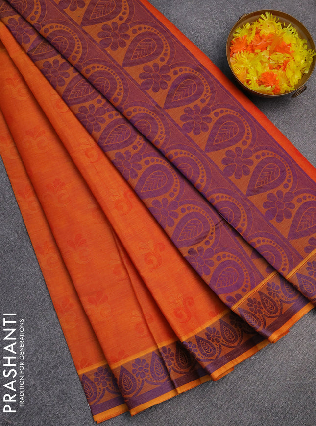 Coimbatore cotton saree dual shade of sunset orange and blue with allover self emboss and thread woven border